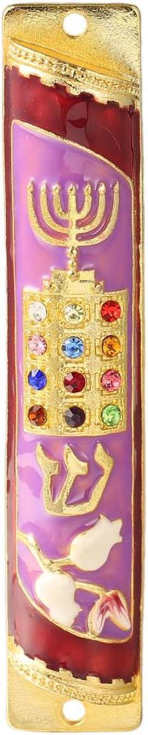 Matashi Hand Painted Enamel Mezuzah Embellished with a Menorah and Priestly Breastplate Design with Gold Accents and High Quality Crystals