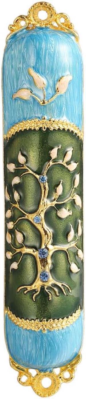 Matashi Hand Painted Enamel Mezuzah Embellished with a Tree of Life Design with Gold Accents and High Quality Crystals