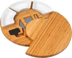 Vaiyer Charcuterie Cheese Cutting Board Set - Slide Out Board with 3 Knives, 3 Ceramic Bowls with 2 Slate Labels and Chalk Marker, Cheese Serving Platter