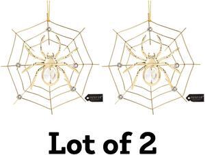 (Qty 2) Matashi 24K Gold Plated Crystal Studded Party Favor Lucky Spider Hanging Ornaments for Christmas Tree - With Story of the Tradition of Tinse Legend - Spider on Web Ornament