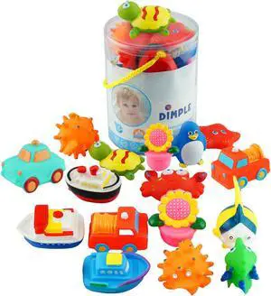 Dimple Set of 20 Floating Bath Toys with 20 Different Sea Animals, Vehicles and Shapes, Squirter Toys for Boys and Girls, Squeeze to Spray! Great for Kids & Toddlers
