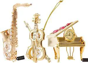 Matashi 24K Gold Plated Vintage Piano Desk Clock with Crystal Studded Violin, Bow, And Saxophone Ornament