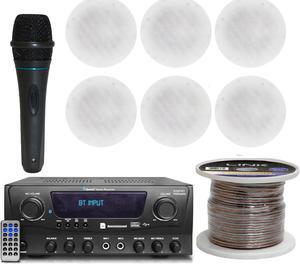 Technical Pro 1000 Watts Professional Bluetooth Receiver with USB & SD Card Inputs | Portable Microphone with Digital Processing | (Qty 6) 5.25 Ceiling Wall Mount Frame-less Speakers