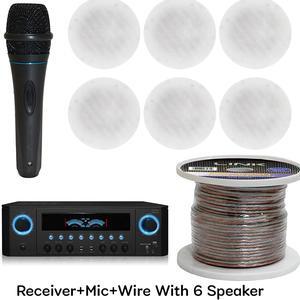 Technical Pro 1000 Watts Professional Home Stereo Receiver with 3 Pairs (Qty 6) of 5.25 Ceiling Wall Mount Frame-less Speakers - Portable Microphone with Digital Processing | 16 Gauge 250 ft.