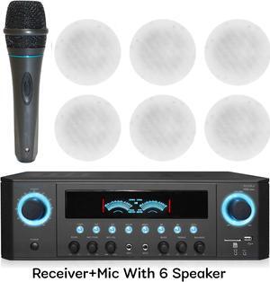 Technical Pro 1000 Watts Professional Home Stereo Receiver with USB & SD Card Inputs. Portable Microphone with Digital Processing and (Qty 6) 5.25 Ceiling Wall Mount Frame-less Speakers