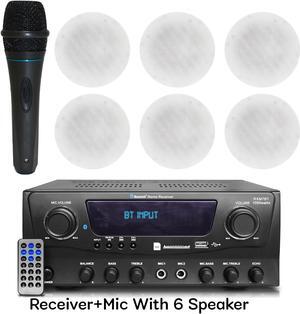 Technical Pro 1000 Watts Professional Bluetooth Receiver with USB & SD Card Inputs. Portable Microphone with Digital Processing and (Qty 6) 5.25 Ceiling Wall Mount Frame-less Speakers