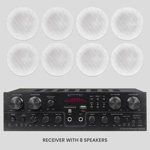 Technical Pro 4 Channel 1000 Watts 8 Speaker Bluetooth Receiver with RCA, USB with 4 Pairs of 5.25 Ceiling Wall Mount Frame-less Speakers - 2-Way Mid bass Woofer Speaker 0.5''