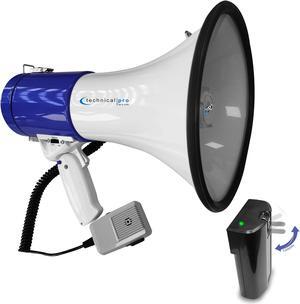 Technical Pro Rechargeable Portable 75-Watt Blue Megaphone Bullhorn Speaker w/ Siren & Detachable Microphone - Battery w/Battery a Built-In AC Wall Charger, Good for Trainers, Coaches, Cheer Leaders