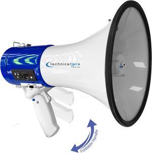 Technical Pro Rechargeable Portable 75-Watt Blue Megaphone Bullhorn Speaker w/ Siren & Detachable Microphone - Battery w/Battery a Built-In AC Wall Charger, Good for Trainers, Coaches, Cheer Leaders