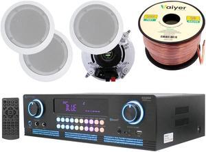 Home Theater System Kit - 2000 Watts Bluetooth Amplifier with 6.5" 4 QTY of 200 W in-Wall in-Ceiling Speakers & 16 Gauge 100 ft. Spool of Speaker Zip Wire by Technical Pro