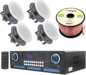 Home Theater System Kit - 2000 Watts Bluetooth Amplifier with 6.5" 4 QTY 200 Watts in-Wall in-Ceiling Speakers & 16 Gauge 100 ft. Speaker Wire by Technical Pro