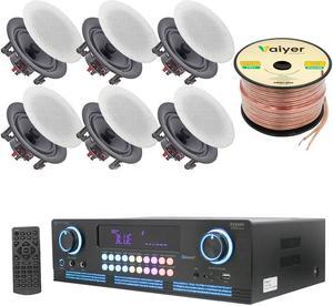 Home Theater System Kit - 2000 Watts Bluetooth Amplifier with 5.25" 6 QTY 175 Watts in-Wall in-Ceiling Speakers & 2 Qty of 16 Gauge 100 ft. Speaker Wire by Technical Pro