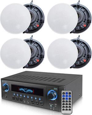 Technical Pro 1000 Watts Professional Home Stereo Receiver with USB and SD Card Inputs + 2 Pairs of 5.25 Ceiling Wall Mount Frame-less Speakers - 2-Way Mid bass Woofer Speaker 0.5''