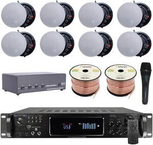 Vaiyer Home Audio System Kit 7.2 Channel 4500 Watts Bluetooth Amplifier w/ 8 QTY of 5.25" Frameless Ceiling Speakers 175W Each, 4-Ch Speaker Selector, Mic, 16 AWG 500 ft Speaker Wire & Remote