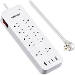10-Outlet Surge Protector with 2 USB-C & 2 USB-A Ports  2450 Joules Surge Protection, 6' Right-Angle Plug Cord, Rear Wall Mounts, LED Indicator  Power Strip for Home or Office Use, White Watson