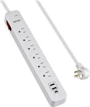 6-Outlet Surge Protector Power Strip with 1 USB-C & 2 USB-A Ports  NEMA 5-15P Right-Angle Plug with 6' Cord, 450 Joules of Surge Protection, LED Indicator (White)  Ideal for Home & Office Use Watson