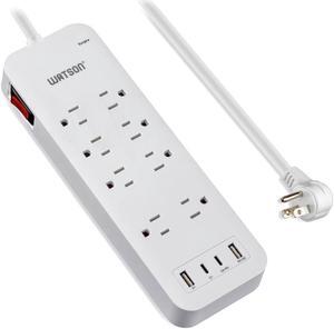 8-Outlet Surge Protector with 2 USB-C & 2 USB-A Ports, 2450 Joules, 6' Right-Angle Cord, Sleek White Design, Rear Wall Mounts & LED Surge Indicator  Ideal for Home or Office Power Protection Watson
