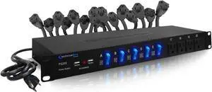 Power Supply Strip Unit Surge Protector - 19" Rack Mount 20 Outlet including 16 rear panel 120V 3-prong plug sockets, 4 Front Panel AC Outlets, 3x 5V USB Charging Ports by Technical Pro