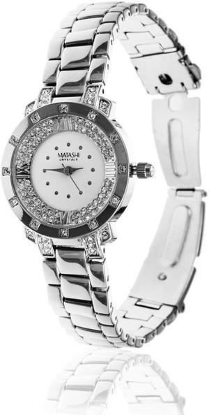 18K White Gold Plated Woman's Watch with Adjustable Band Links and Encrusted with High Quality Crystals by Matashi