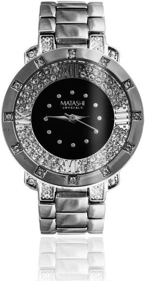 18K White Gold Plated Watch with Black Watch Face with Moveable Crystals a Band with Adjustable Links and Excrusted with High Quality Clear Crystals by Matashi