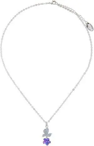 Rhodium Plated Necklace with Butterfly Alighting on a Flower Design with a 16" Extendable Chain and High Quality Purple Crystals by Matashi