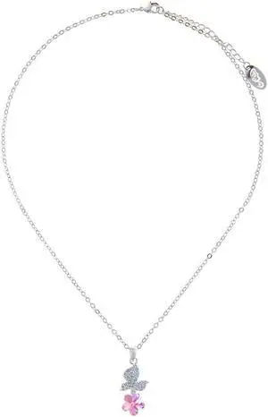 Rhodium Plated Necklace with Butterfly Alighting on a Flower Design with a 16" Extendable Chain and High Quality Pink Crystals by Matashi