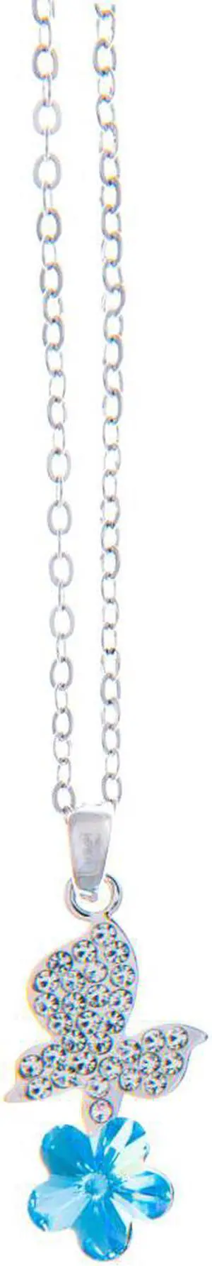 Rhodium Plated Necklace with Butterfly Alighting on a Flower Design with a 16" Extendable Chain and High Quality Blue Crystals by Matashi