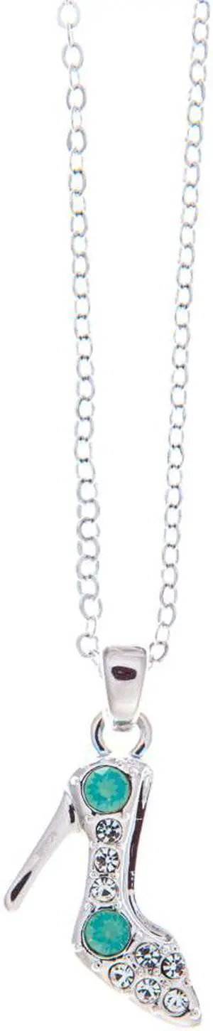 Rhodium Plated Necklace with Stiletto Shoe Design with a 16" Extendable Chain and High Quality Ocean Blue Crystals by Matashi