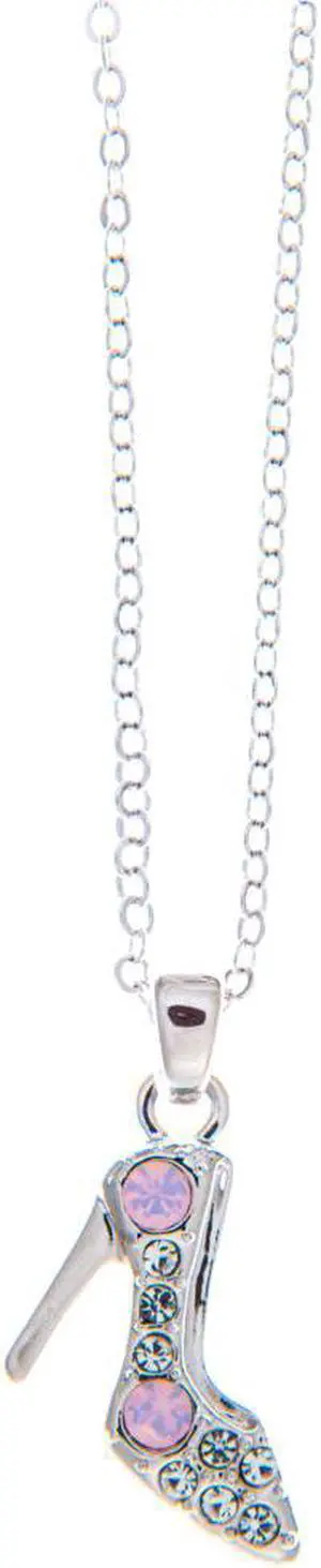 Rhodium Plated Necklace with Stiletto Shoe Design with a 16" Extendable Chain and High Quality Pink Rose and Clear Crystals by Matashi
