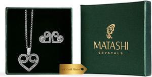 18K White Gold Plated Swirling Heart Stud Earrings and necklace set with High Quality Crystals by Matashi
