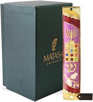 Hand Painted Enamel Mezuzah Embellished with a Menorah and Priestly Breastplate Design with Gold Accents and High Quality Crystals by Matashi
