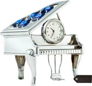 Chrome Plated Silver Vintage Piano Desk Clock with Blue Crystals by Matashi