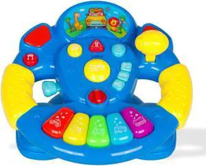 Childrens Play Steering Wheel with a Ton of Buttons, Modes, Lights and Sounds along with a Detachable Swivel Base by Dimple