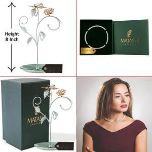 Rose Gold and Chrome Plated Jewelry Stand, Elegant Floral and Butterfly Design and 16" Rhodium Plated Necklace | Best Gift for Her by Matashi