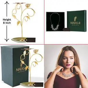 24k Gold Plated Jewelry Stand – Elegant Floral and Butterfly Design with Rhodium Plated Necklace with Flowers Design and 12" Extendable Chain | Best Gift for Her by Matashi