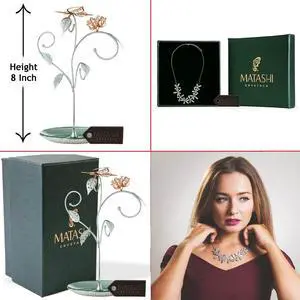Rose Gold and Chrome Plated Jewelry Stand with Rhodium Plated Necklace with Flowers Design and 12" Extendable Chain | Best Gift for Her by Matashi