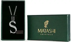 Rhodium Plated Necklace with Personalized Letter "S" Initial Design with a 16" Extendable Chain and High Quality Crystals by Matashi