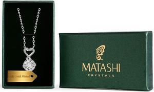 18K White Gold Plated Necklace with Crystal & Heart Design with a 16" Extendable Chain and High Quality Crystals by Matashi