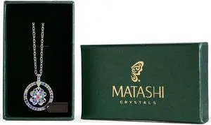 Matashi Rhodium Plated Necklace with Round 'Lucky Four Leaf Clover' Design Pendant with a 16" Extendable Chain and High Quality Multicolor Crystals