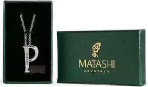 Matashi Rhodium Plated Necklace with Personalized Letter "P" Initial Design with a 16" Extendable Chain and High Quality Clear Crystals