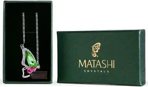Rhodium Plated Necklace with Butterfly Wing Design with a 16" Extendable Chain and High Quality Pink and Green Crystals by Matashi