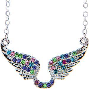 Rhodium Plated Necklace with Outspread Angel Wings Design with a 16 Extendable Chain and High Quality Multicolored Crystals by Matashi