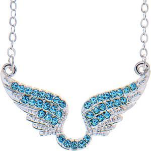 Rhodium Plated Necklace with Outspread Angel Wings Design with a 16 Extendable Chain and High Quality Ocean Blue Crystals by Matashi