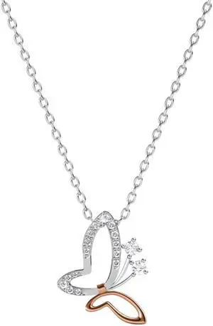 White Gold and Rose Gold Plated Butterfly Pendant Necklace with Clear Crystals By Matashi