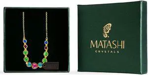 Champagne Gold Plated Necklace with String of Hearts Design with 14" Extendable Chain and High Quality Multicolored Crystals by Matashi