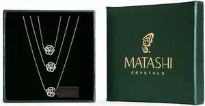 Matashi 3 Strand Rose Chain Necklace Jewelry For Women – Layered Three Floral Zircon Pendant – Adjustable Chain Extender Necklace – Rhodium Plated Jewelry For All Occasion