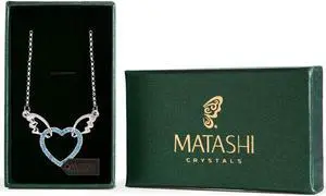 Rhodium Plated Necklace with Winged Heart Design with a 16" Extendable Chain and High Quality Ocean Blue Crystals by Matashi