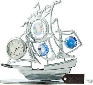 Chrome Plated Silver Sailboat Tabletop Ornament with Clock with Matashi Blue Crystals | Timepiece Home Décor, Keepsake or Work Decoration | Precision Analog Time Keeping