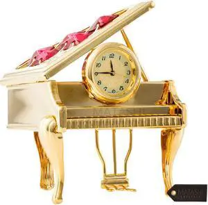 24K Gold Plated Vintage Piano Desk Clock with Red Crystals