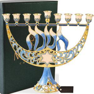 Matashi Hand Painted Enamel Menorah Candelabra with a Star of David and Hanukkah Design and Embellished with Gold Accents and High Quality Crystals